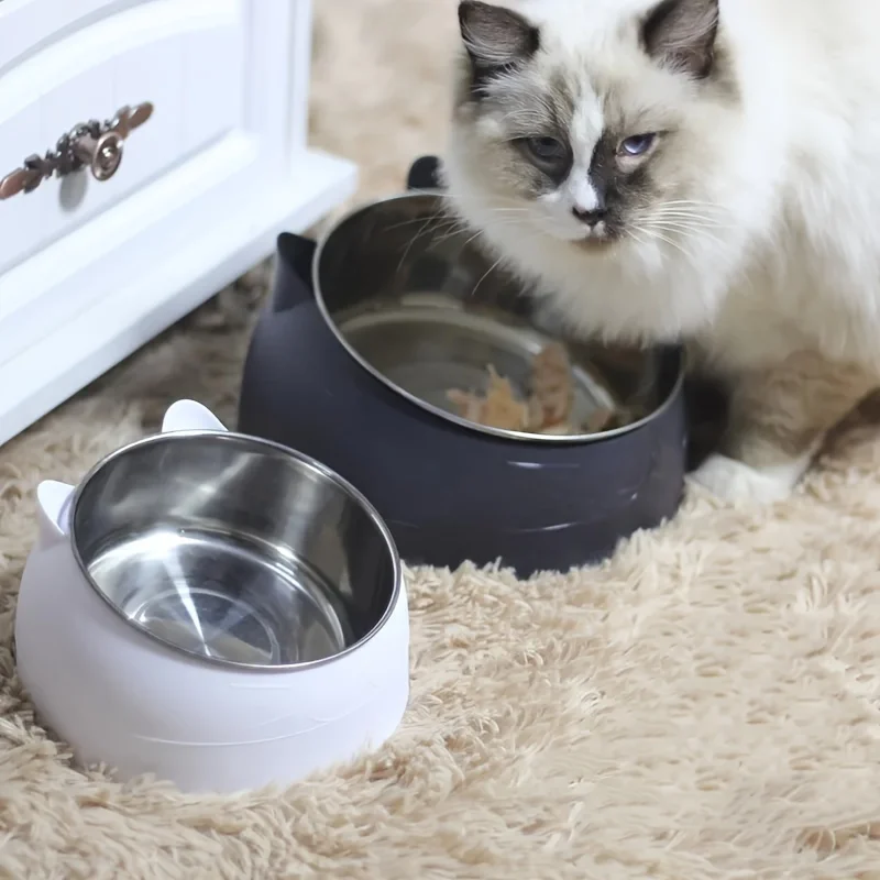 Stainless Steel Cat Bowl with Holder, Cute Ear Design Inclined Food Water Basin (2 in 1) 1005011592714536