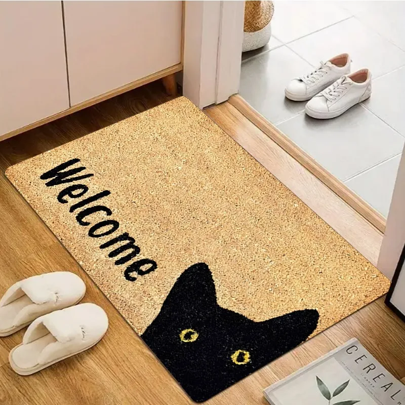 Cute Cat Welcome Door Mat Funny Cartoon Black Letter Print Design Entryway Rug Soft Non-Slip 1005011632527316