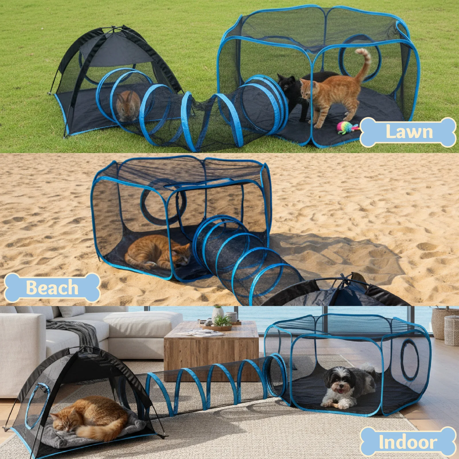 Portable Mesh Pet Fence Playhouse Multi-Animal Cage with Tunnel Indoor Outdoor Easy Setup (3 In-1) 1005011689812183