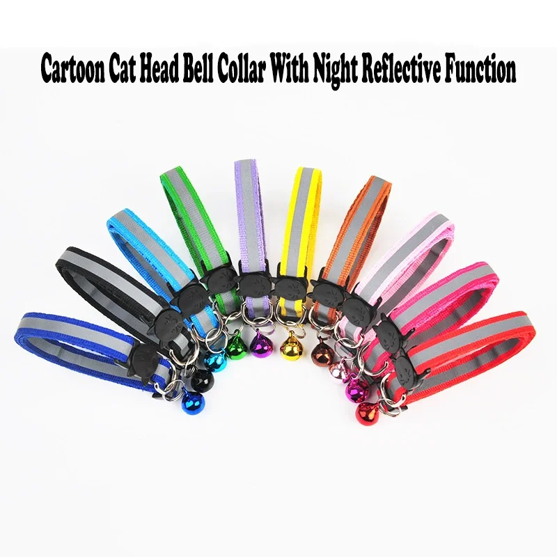 Reflective Cat Collar with Bell Cartoon Cat Head Safety Buckle Nylon Pet Collar Puppy Kitten Collar 1005011698845657
