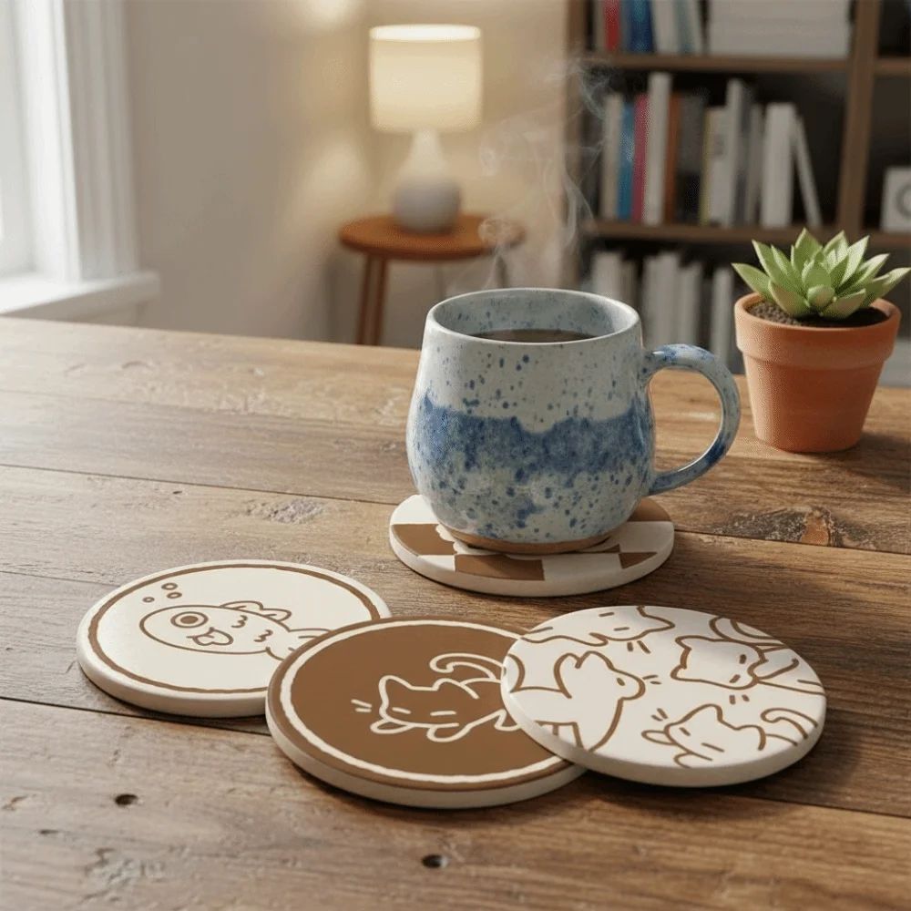 Round Cartoon Cat Cup Mat Heat Resistant Water-Absorbing Insulation Pad Non-Slip Waterproof Diatom 1005011749793091