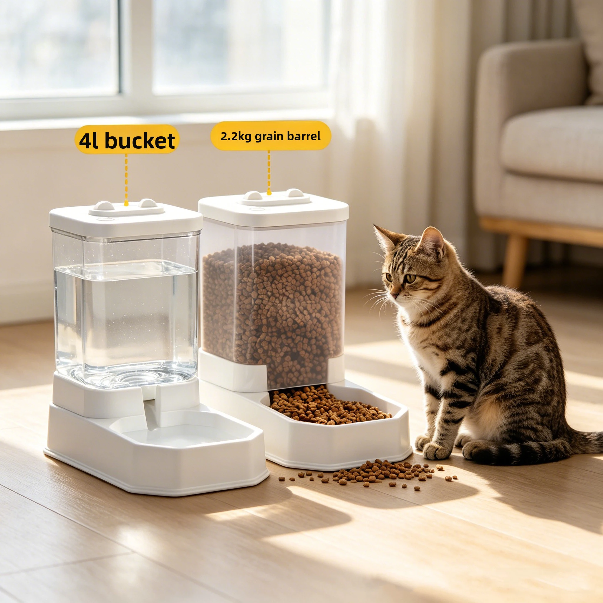 Large Capacity Automatic Cat Feeder & Waterer Set, Gravity Pet Food Dispenser for Cats & Dogs (4L) 1005011761291895