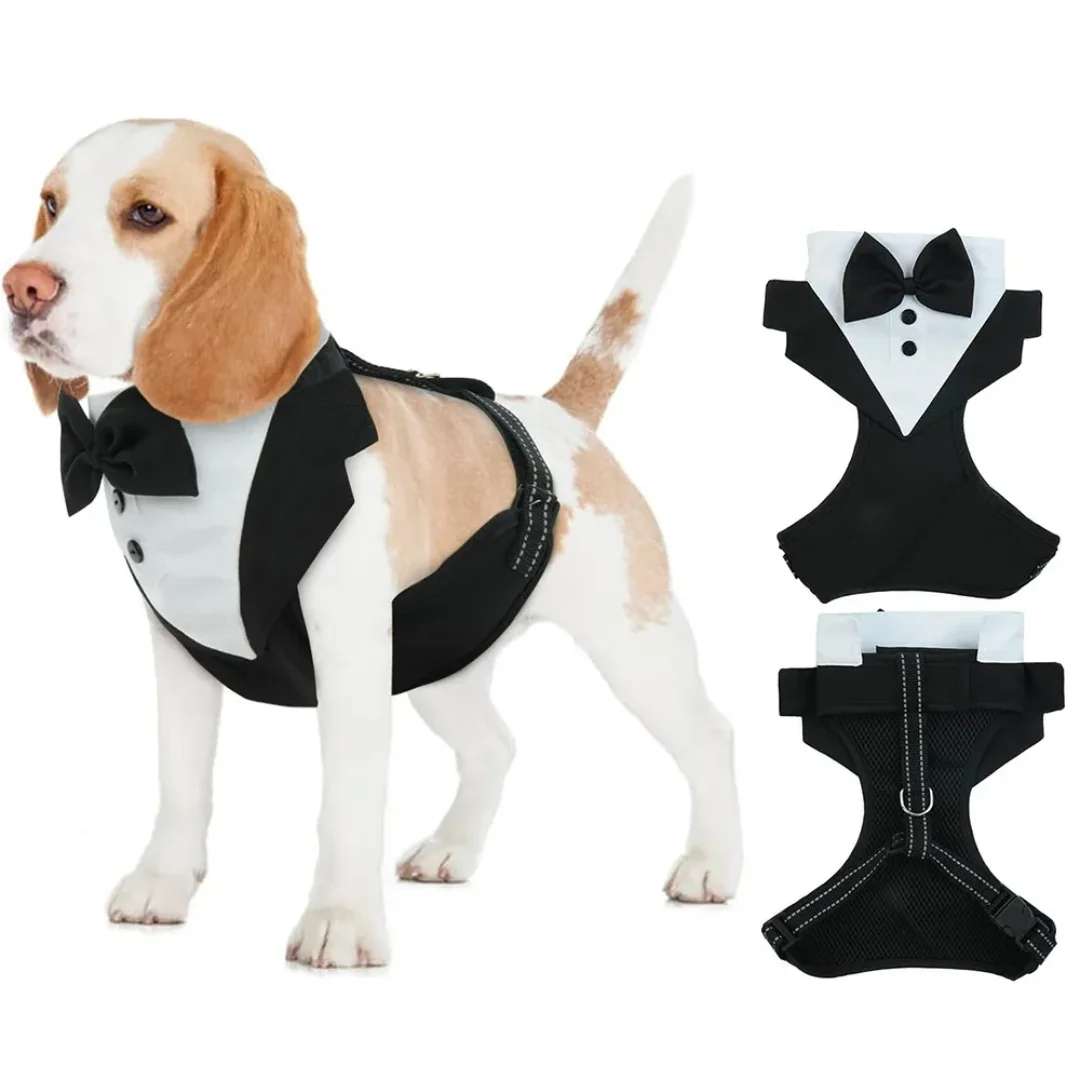 Dog Tuxedo Vest with Bow Tie, Formal Wedding Harness Outfit for Small Dogs 1005011788530814