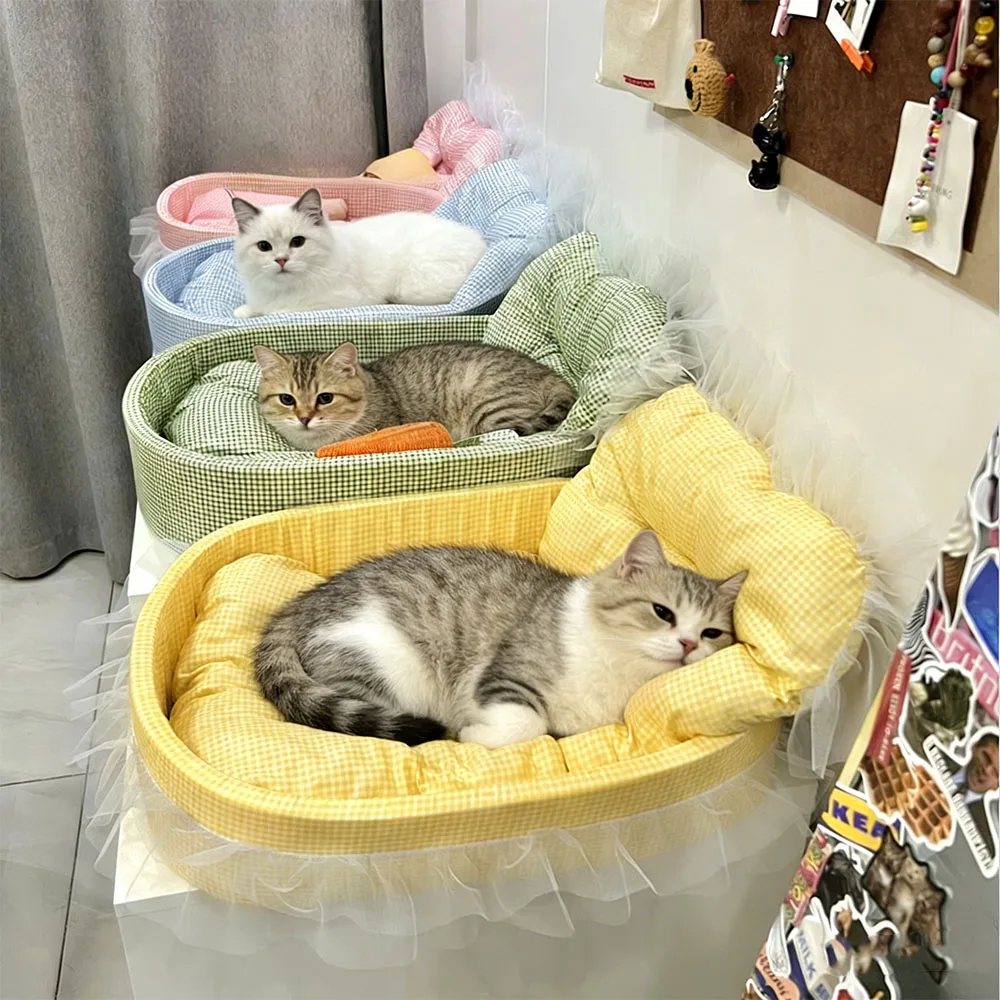 Cute Lace-Trimmed Pet Cat Princess Sofa Bed for Four Seasons Washable and Removable Soft Plush Oval 1005011863739076