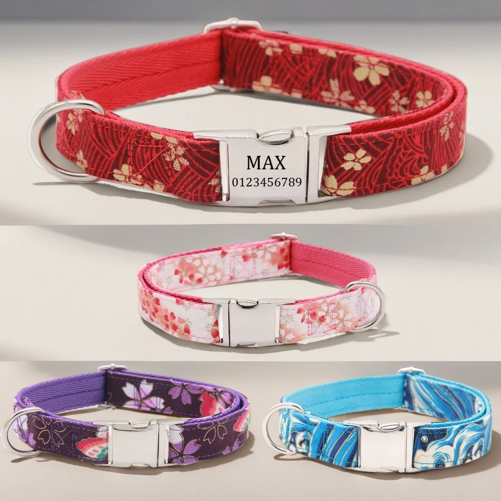 Pet Collar Dog Tag Cat Traction Rope Anti Lost Customizable Name Phone Number Japanese Floral Metal 1005011913806632