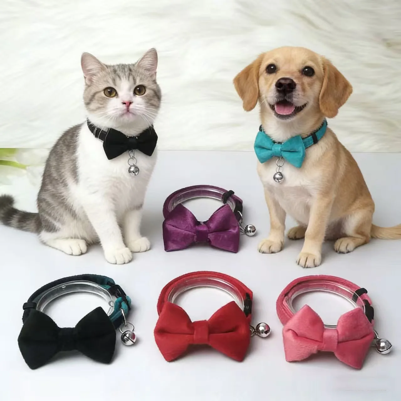 Popular New Velvet Pet Collar Solid Color Bow with Bell Adjustable Cat and Dog Safety Collar 1005011919013022