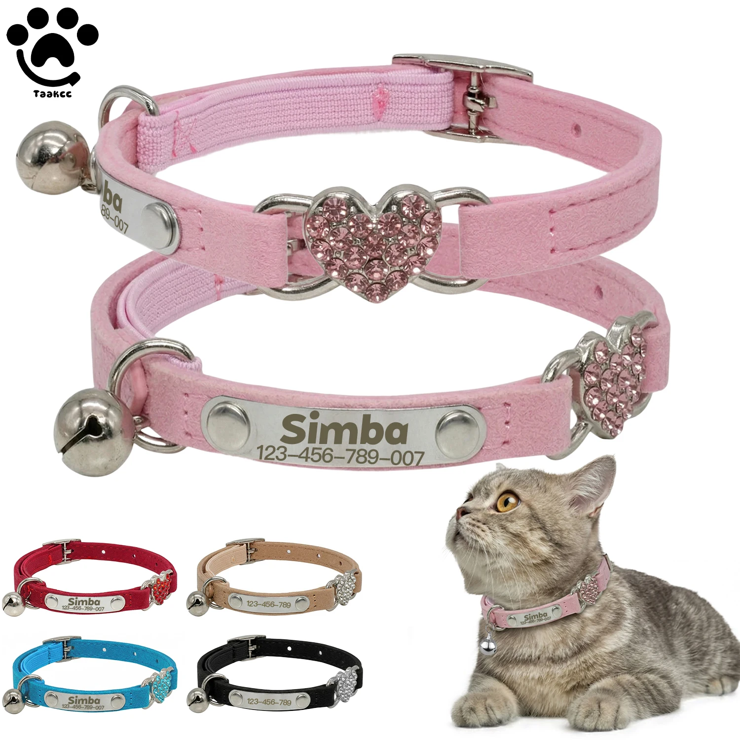 Personalized Heart Shaped Cat Collar with Bell Safety Elastic Adjustable Collar Soft Velvet Cat 1005011938348972