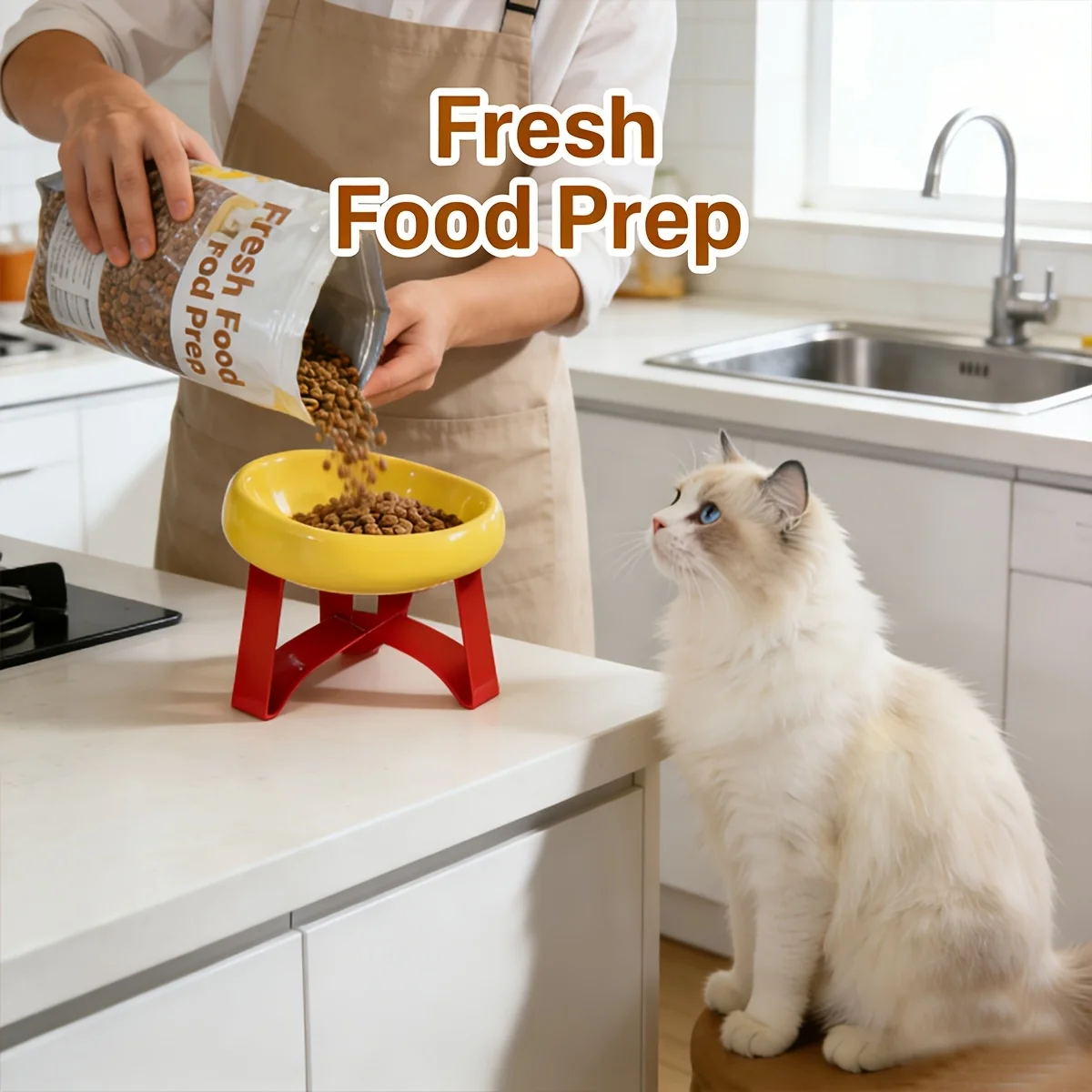 Elevated Ceramic Cat Bowl with Red Shaped Stand Tilted Design Comfortable Eating Protecting Spine 1005011938663389