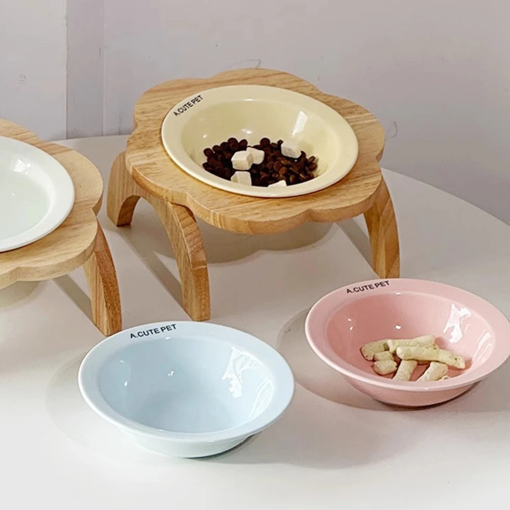Cat Food Bowl with Wood Holder Stand Flower Shaped Ceramic Dish Water Feeding Drinking Plates Multi 1005011943208911