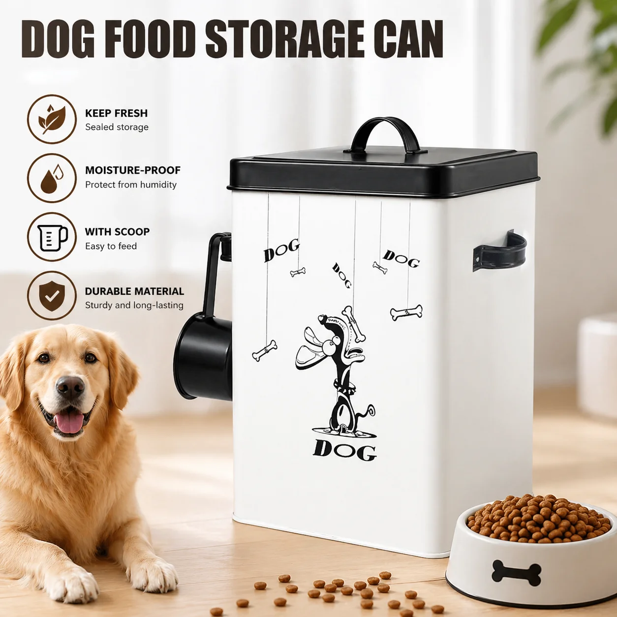 Airtight Metal Dog Food Storage Container with Scoop, Pet Food Bin for Dry Food 1005011951235298
