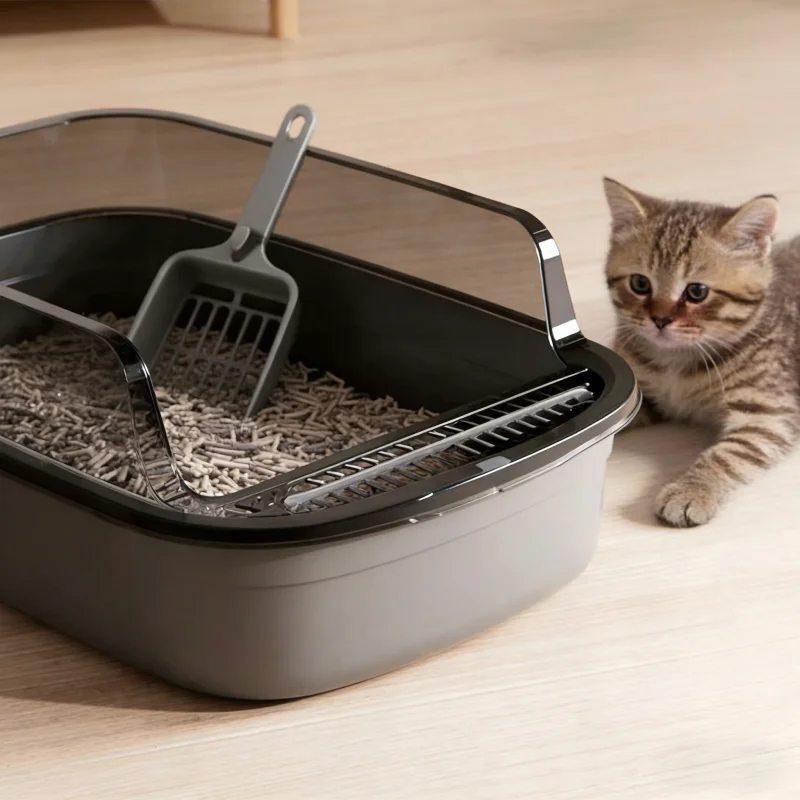 Semi-Enclosed Cat Litter Box Splashproof Kitten Toilet Tray Pet Cleaning Basin with High Sides 1005011959172438