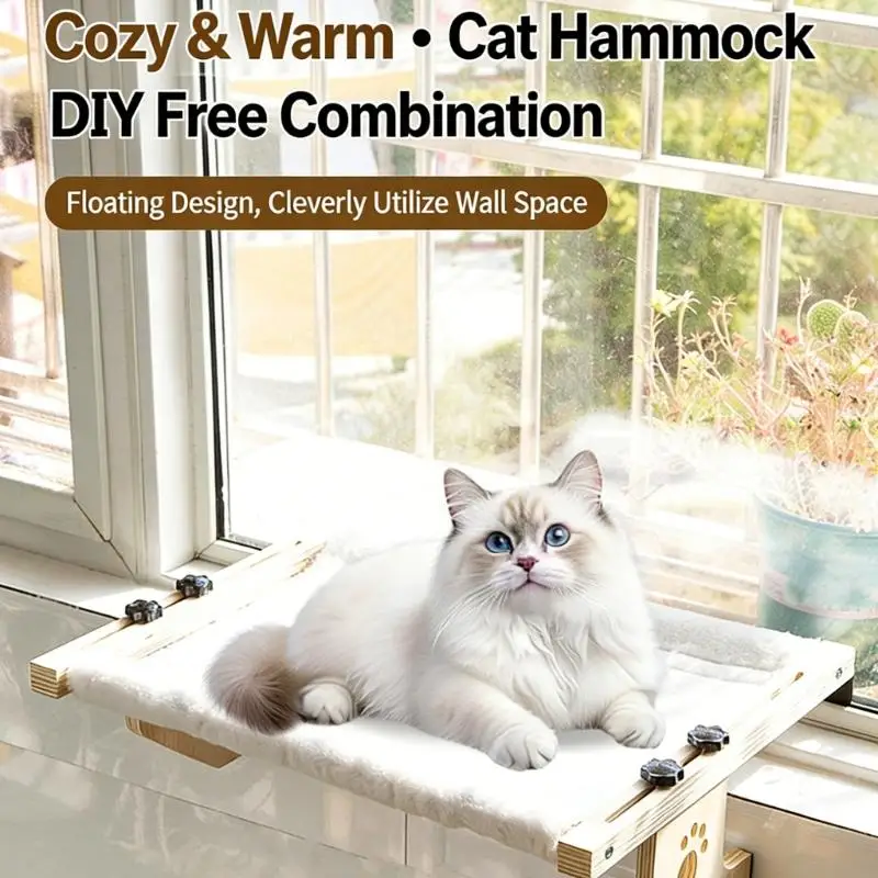 Hanging Cats Sun Bath Bed with Removable Soft Cushion for Window Sill Cats Tree Stable Wooden Frame 1005012010359344