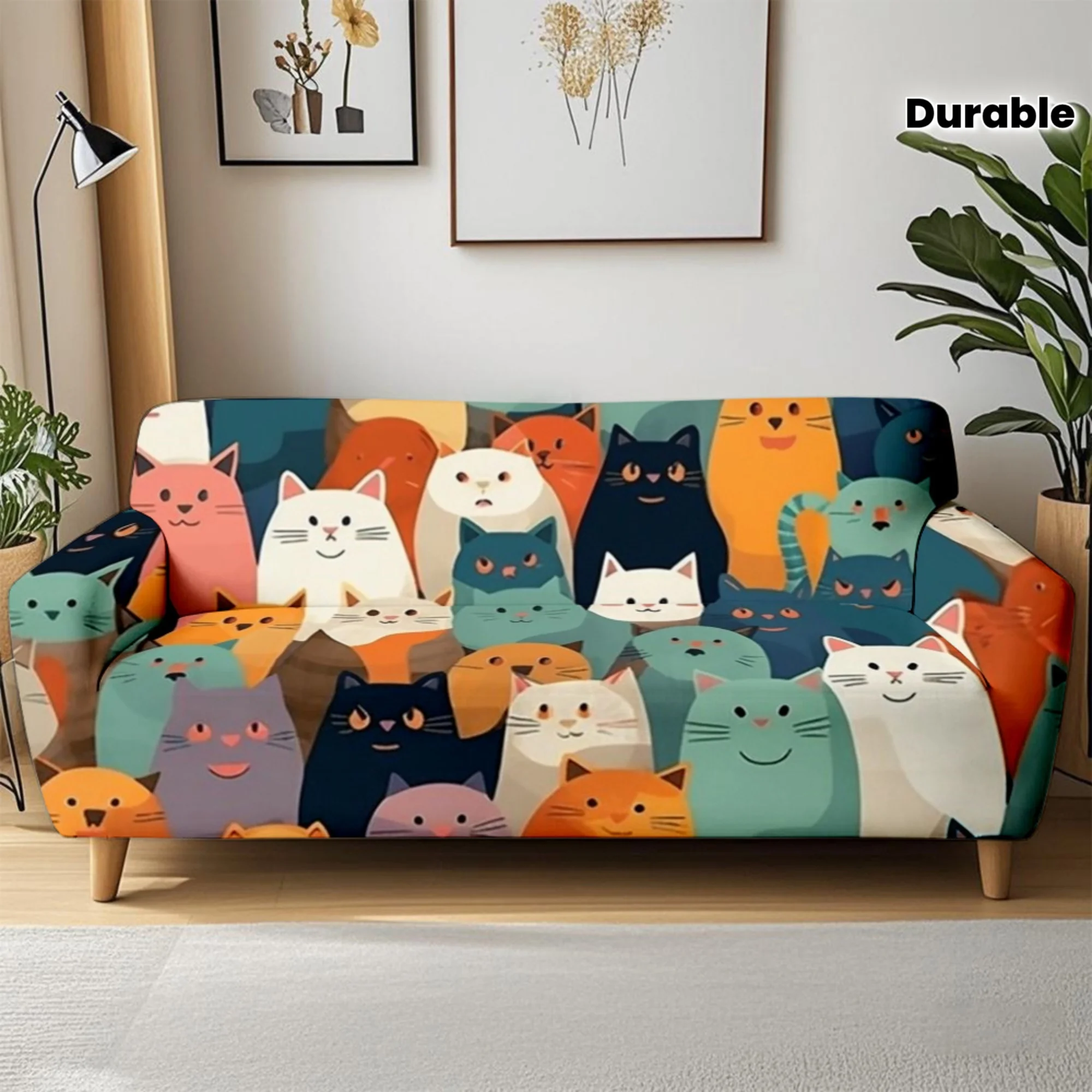 Cute Colorful Cartoon Cat Print Stretch Sofa Cover (1pc) 1005012023614244
