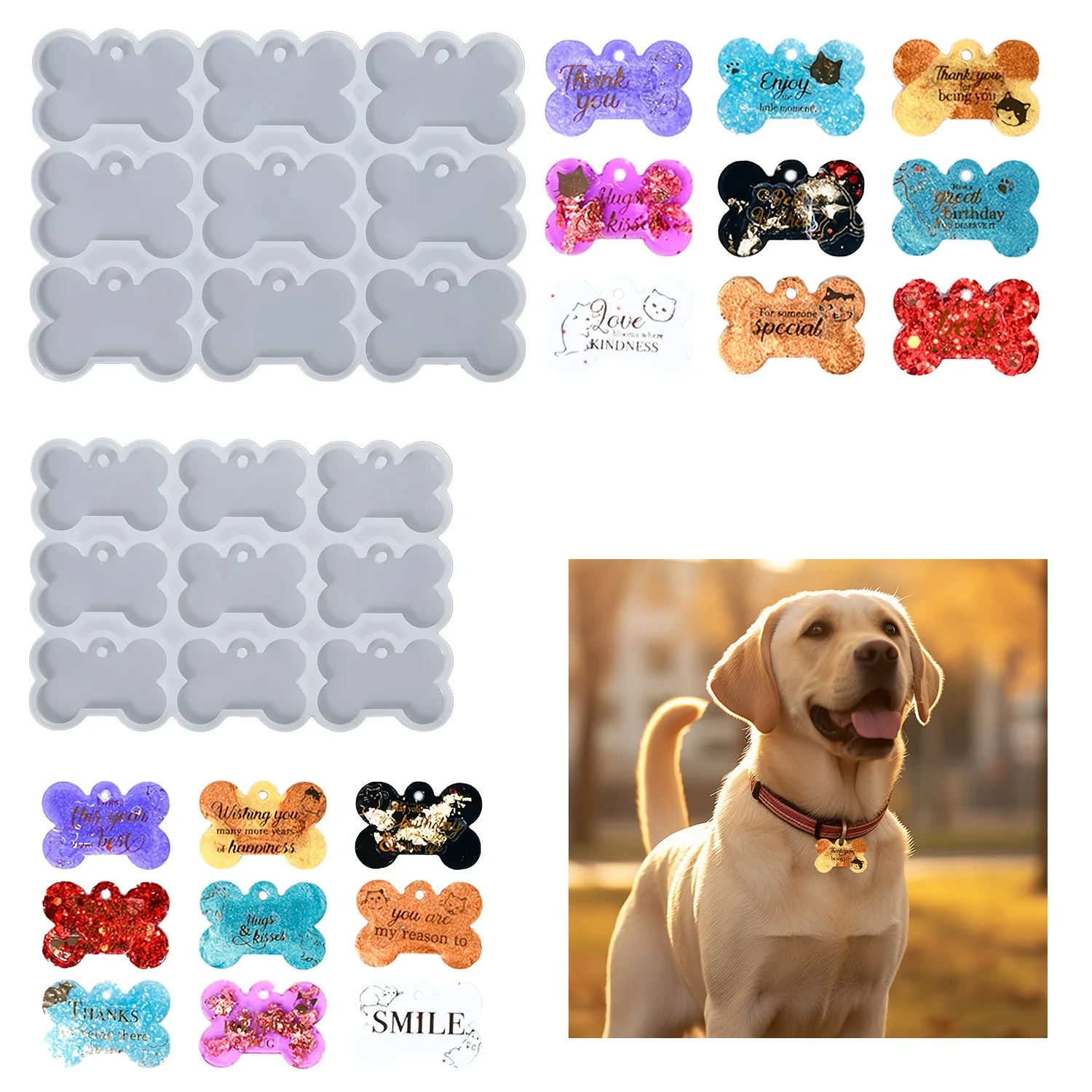 Bone-Shaped Dog Tag Keychain Mold for Pets, Silicone Mold for Pendants and Charms (9 Piece) 1005012029982114