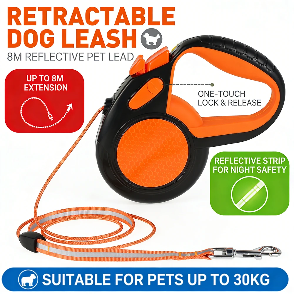 Retractable Dog Lead Heavy Duty Pet Walking Leash with Strong Reflective Tape Non-Slip Handle (8M) 1005012049709241