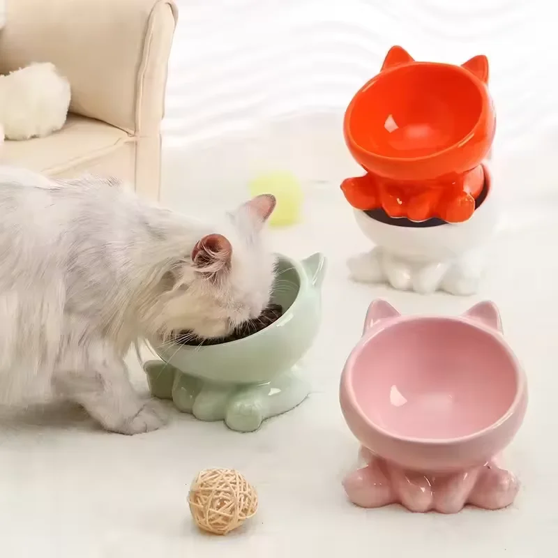 Cute Ceramic Cat Bowl with High Feet Dog Drinking Water Pet Supplies Cervical Spine Protection 1005012068908897