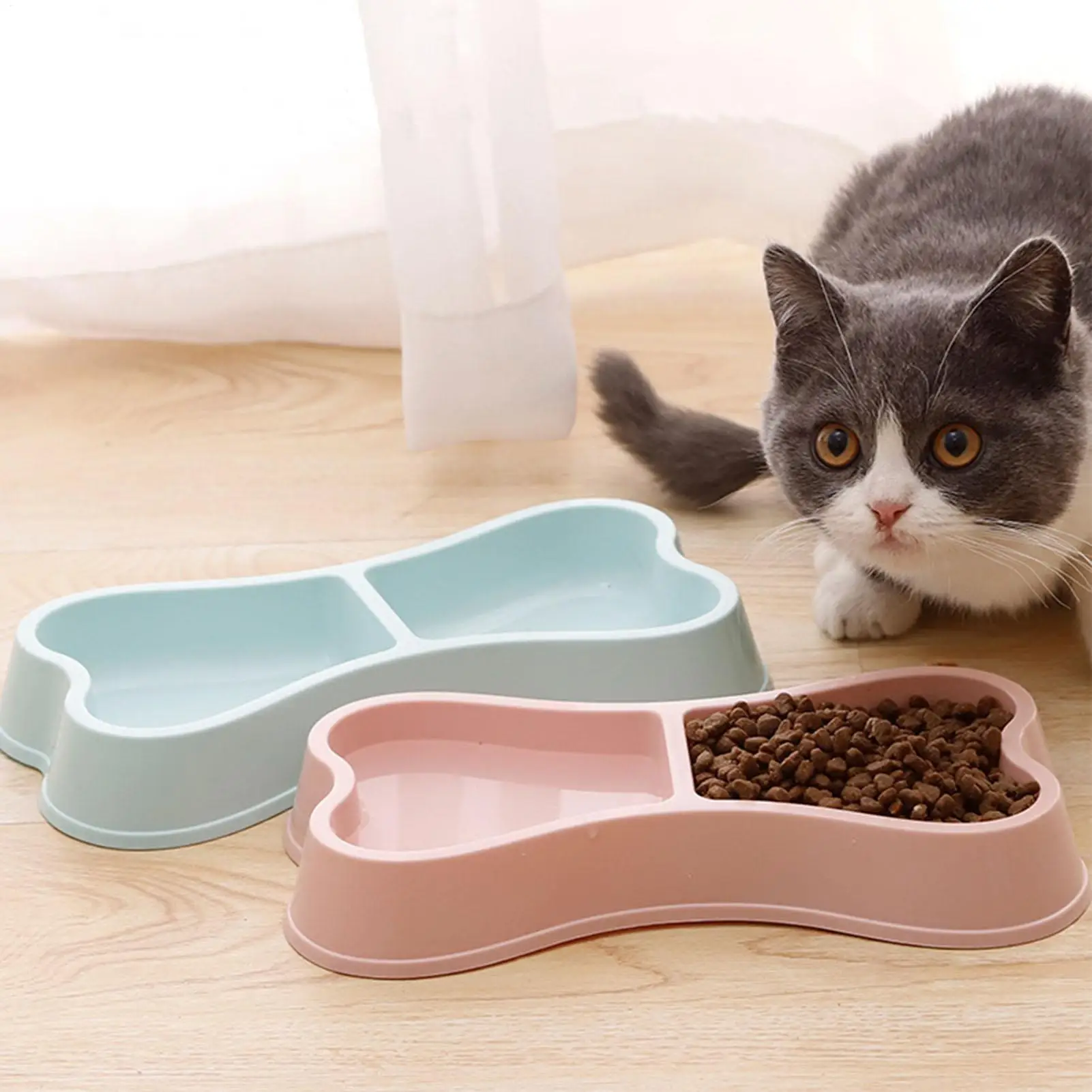 Pet Bowl Bone-Shaped Pet Bowls 2 in 1 Food & Water Dish with Non-Slip Base Cat Feeding Set 1005012104052205