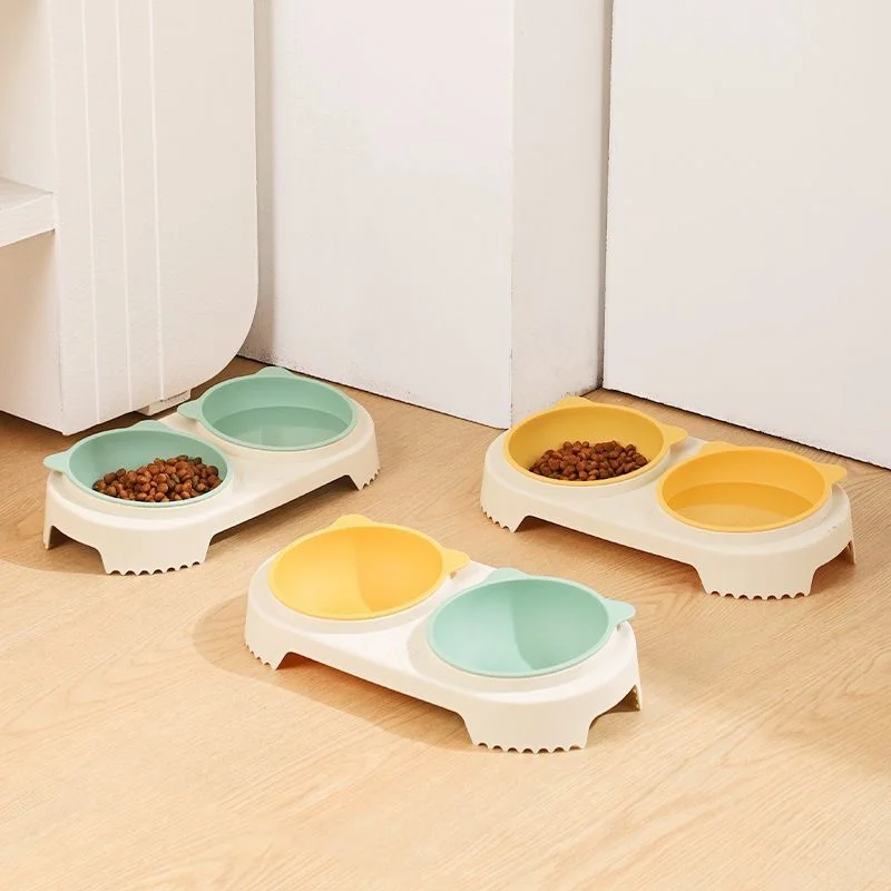 Pet Cat Bowl Plastic Double Bowl Non-Slip Water Bowl for Cats and Dogs, Dry and Wet Food Separation 1005012121249946