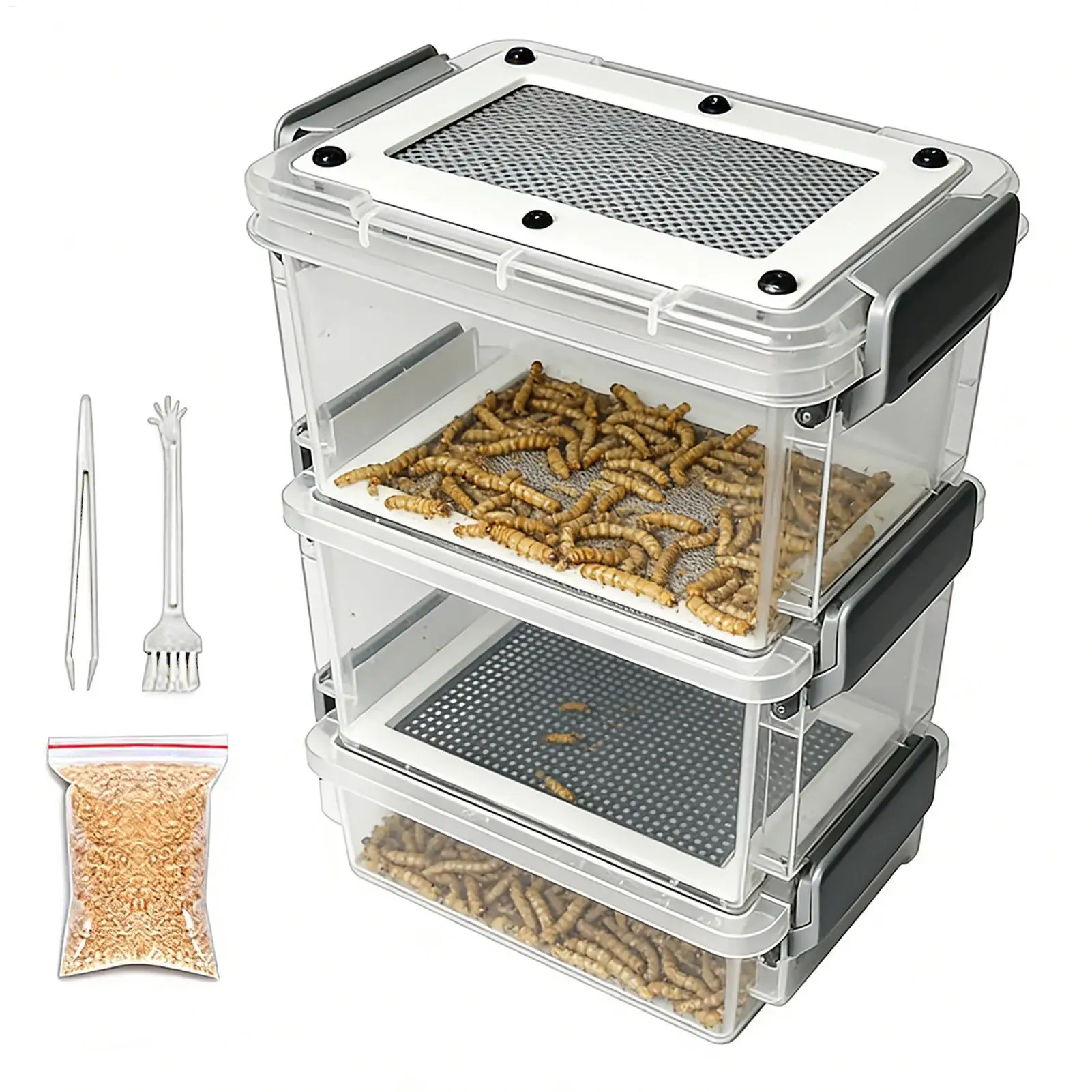 Mealworm Breeding Kit 3-Layer Silkworm Feeder Bin Corn Worm Breeder Box for Pet Parents Animal 1005012143936006