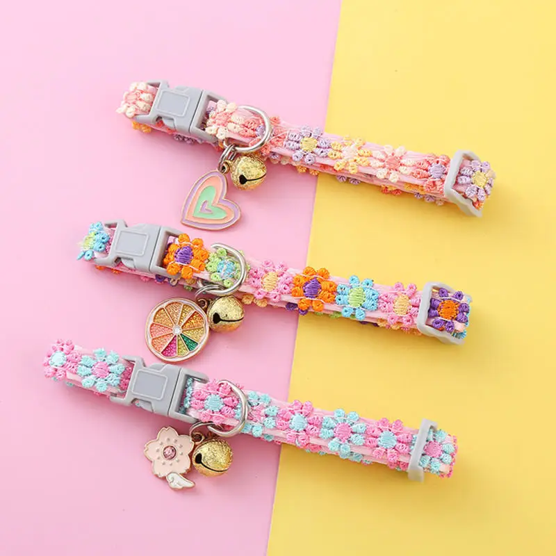 Fashion Rainbow Flower Cat Collar with Bell Kitten Puppy Necklace Adjustable Buckle Colorful Lace 1005012159614272