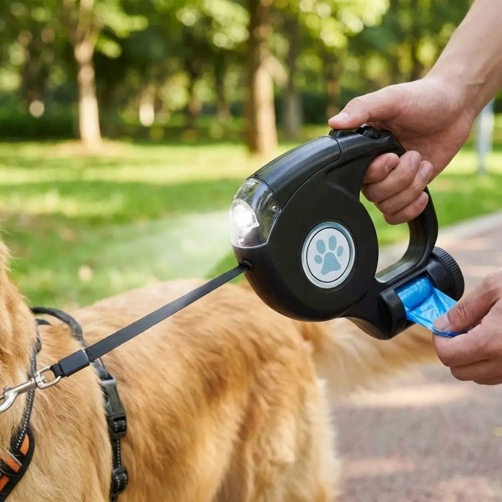 Plastic Automatic Retractable Dog Leash Extendable Adjustable LED with Garbage Bag 1005012196320216