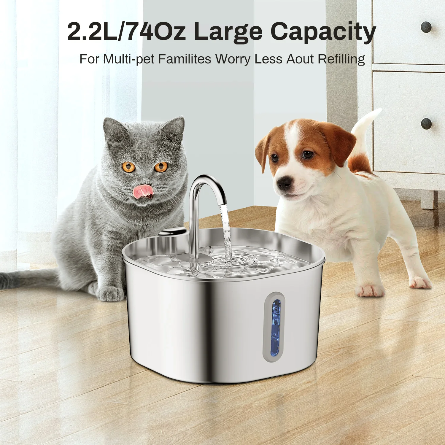 Automatic Cat Water Fountain Square Stainless Steel Dog Dispenser Silent Pump Circulation (2.2L) 1005012249301540