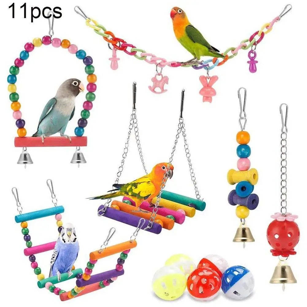 11pcs Colorful Parrot Toy Set, Bird Cage Accessories with Swing, Ladder, Chewing Beads & Bell Toys 1005012384763444