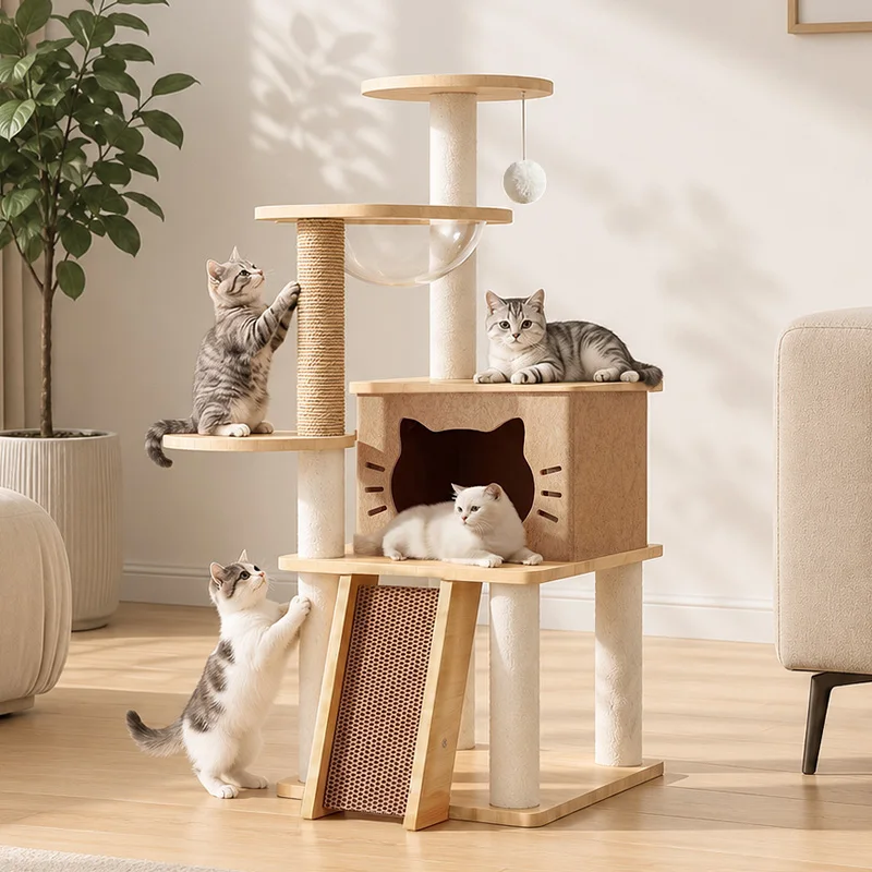 Cat Tree with Scratching Posts, Hammock, and Play Ball - Multi-Level Cat Furniture for Indoor Cats