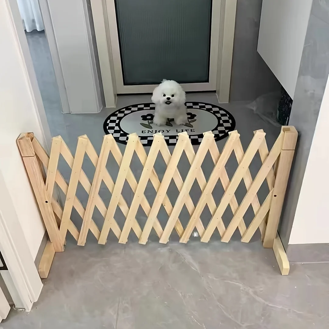 Wooden Pet Fence with Retractable Dog Gate, Indoor Safety Barrier for Home, Bedroom, Doorway 1005012482878355