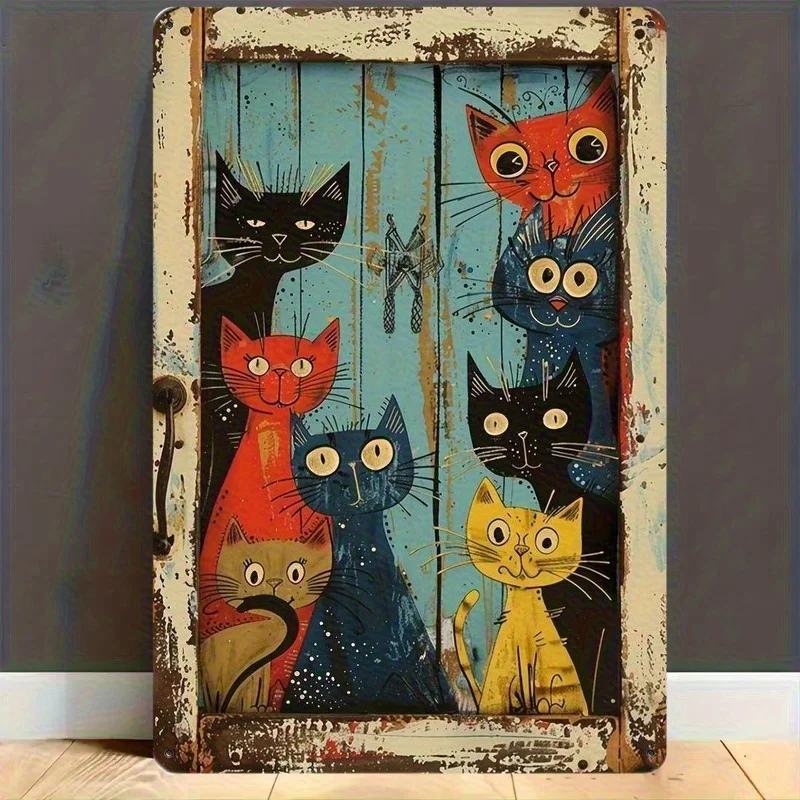 2D Flat Metal Sign Vintage Colorful Cats Retro Wooden Door Design Tin Sign Rustic Farmhouse Wall 1005012497151104