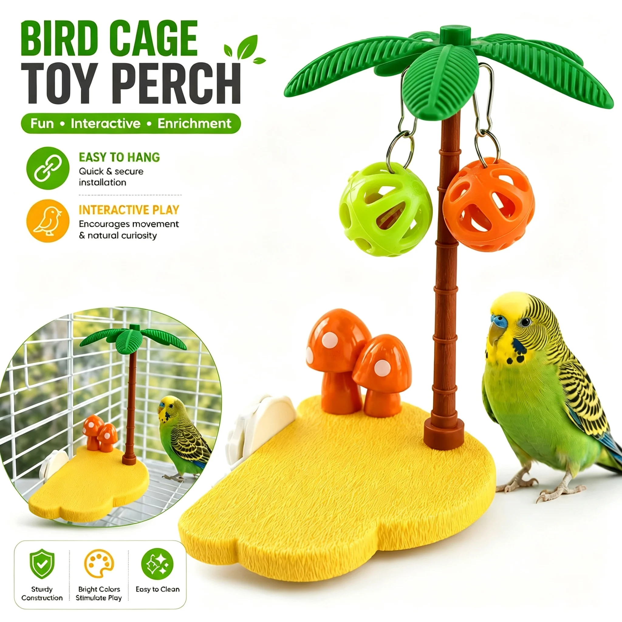 Tropical Bird Perch Platform Bell Ball Palm Tree Interactive Toy Budgie Cockatiel Enrichment 1005012531132464