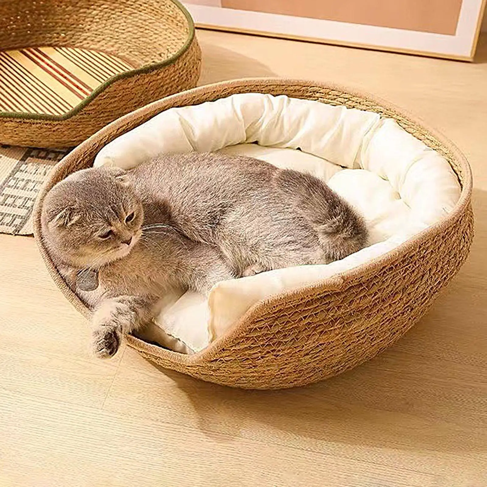 Cat Basket Cotton Rope Round Bed for Cat Sleep with Pillow All Season Indoor Weaving Pet Resting 1005012539680501