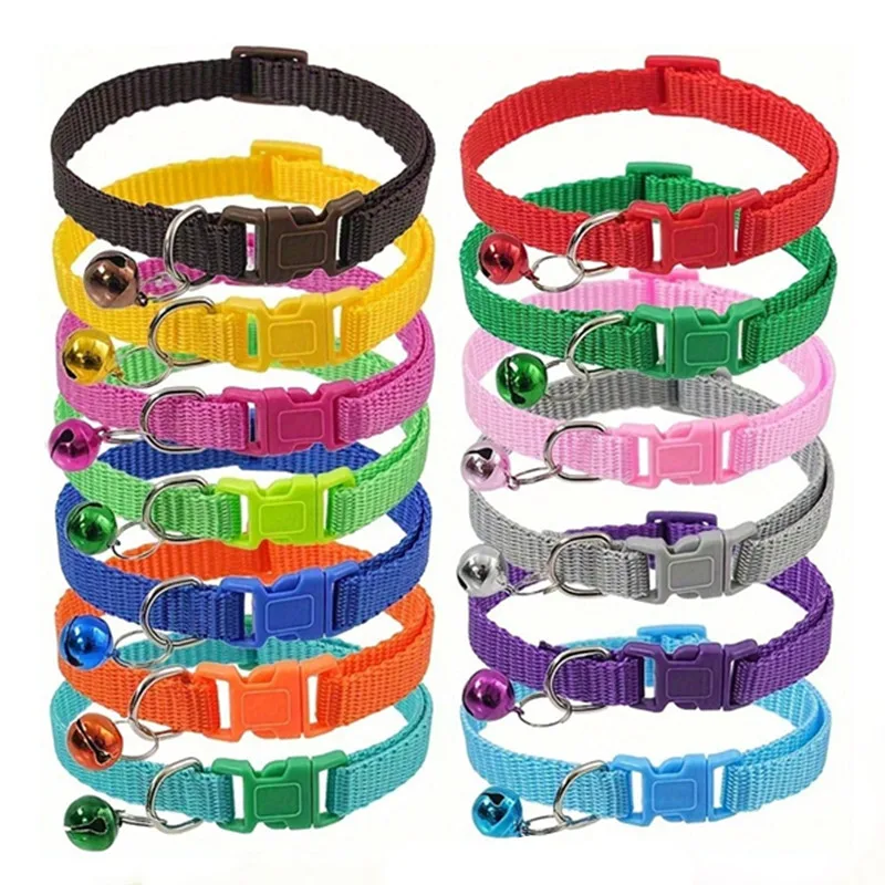 100PC/Lot Cat Collars Solid Color Puppy Collars Pet with Bell Personalized Kitten Pet Necklace 1005012542827067