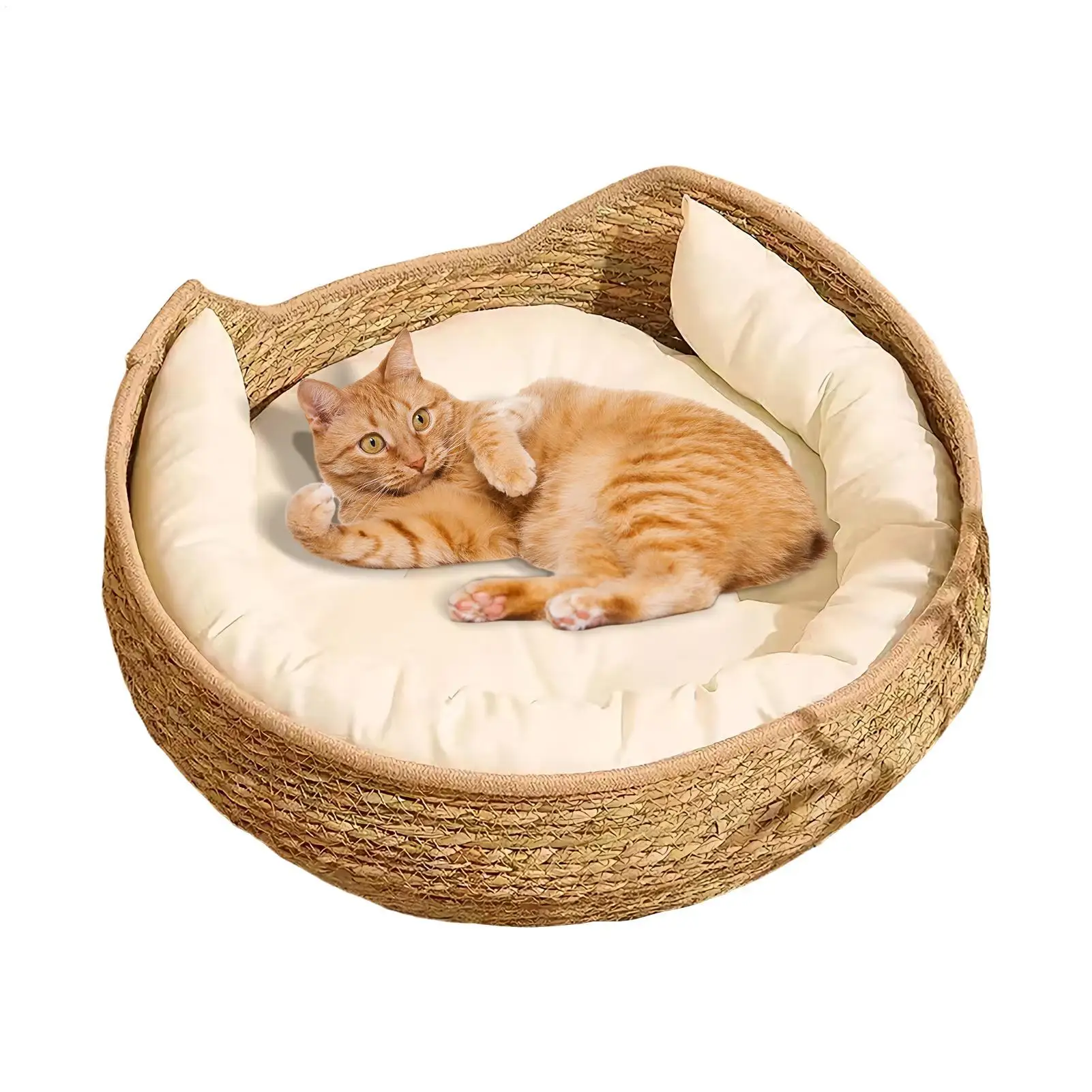 Cat Bed All Season Soft Woven Pet Cave Round Sleeping Bed with Pillow for Kitten Scratching 1005012585456457
